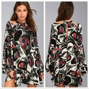 Free People Drift Away Tunic Cold Shoulder Marbled Dress Bishop Puff Sleeve Sz S